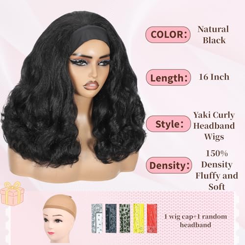 16 Inch Yaki Curly Headband Wig Natural Black - No Glue, Tangle-Free, Synthetic Hair