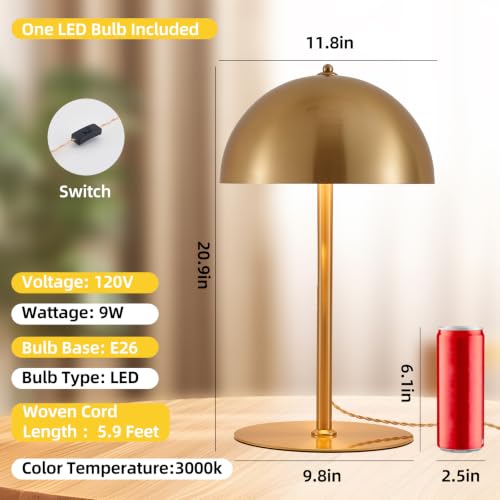 Metal Mushroom Table Lamp - 20.8-Inch Gold Dome Bedside Light
