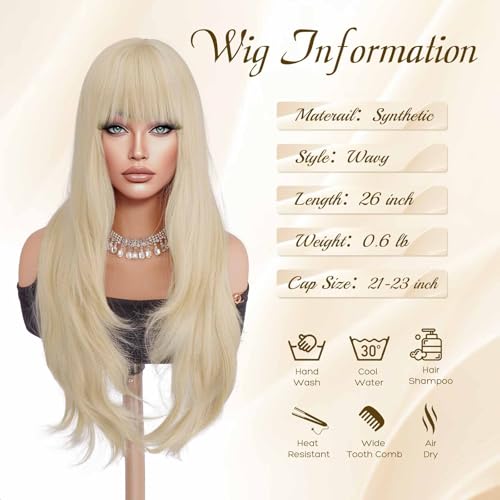 Haloo Platinum Blonde Wigs with Bangs - 26 Inch Long Wavy Synthetic Hair for Women