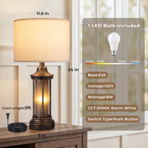 Seealle 24-inch Farmhouse & Industrial Table Lamp with Oat Shade & Bronze Base - Dual LED Night & Task Light, Black
