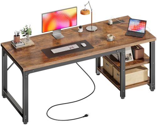 Rustic Brown 47.2 x 19.7 Inch Computer Desk with Power Outlets - Thick Desktop