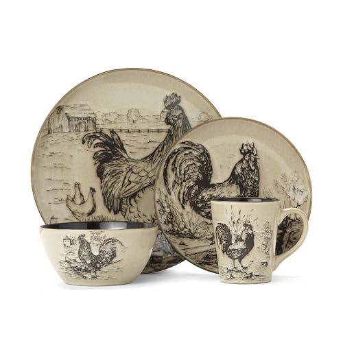 16-Piece Dinnerware Set for 4 with Rooster Design - Dishwasher & Microwave Safe