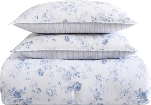 Laura Ashley Belinda Chambray Blue Queen Comforter Set with Shams - Reversible Cotton Bedding