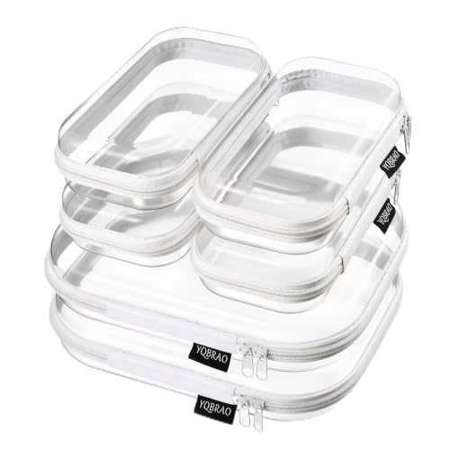 YQBRAO Clear Hard Shell Zipper Cases - 6 Travel Organizers, White, TSA Compliant