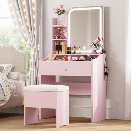 Small Lighted Vanity Desk with Mirror, Storage Stool & Charging Station