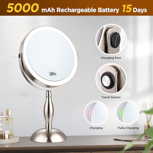 Makeup Mirror with Light, 30x Magnifying Mirror with 3 Lights Colors, 5000mAh Vanity Mirror Brushed Nickel - 360¡Æ Rotation, Brightness Adjustable Magnification, Modern Style Side Touch + Side Charge