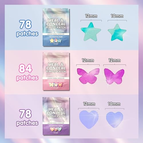 Heal & Conceal Holographic Cute Pimple Patch Bundle (240 Count) Iridescent Star, Heart & Butterfly Shaped Hydrocolloid Acne Patches for Face, Fun Hydrocolloid Zit Stickers
