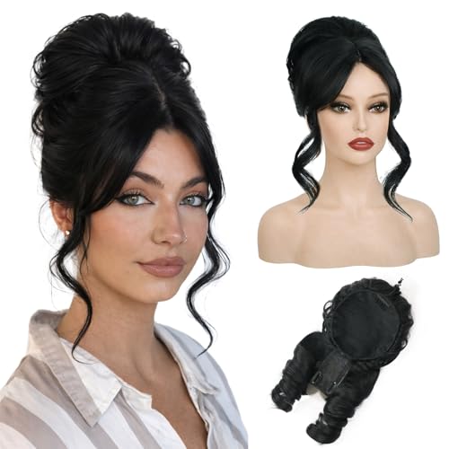 Black Messy Bun Hair Piece with Bangs 2-in-1 Updo Wig for Women