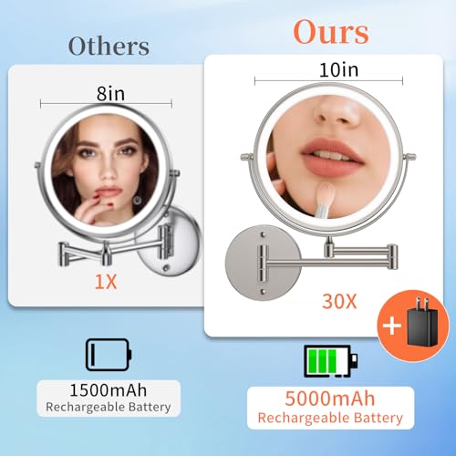 FUNTOUCH 5000mAh Rechargeable Wall Mount Makeup Mirror with Lights, 30X/1X Magnifying 9" Double Sided Mirror, 3 Color Lights,Touch Dimmable, 360 Rotation Extended Arm with Adapter,Brush Nickel