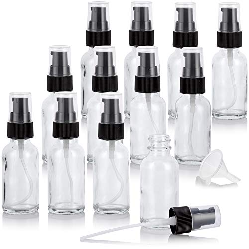 JUVITUS 1 oz / 30 ml Clear Glass Boston Round Bottle with Black Treatment Pump + Funnel (12 Pack)