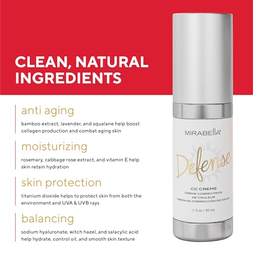 Mirabella Defense CC Creme Full Coverage Foundation with SPF 20, CC Cream Foundation with Sunscreen & Hyaluronic Acid, Oil Control with Salicylic Acid - Medium