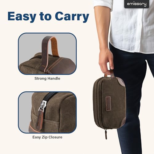 Emissary Men's Toiletry Bag - Coffee Canvas Leather Travel Dopp Kit