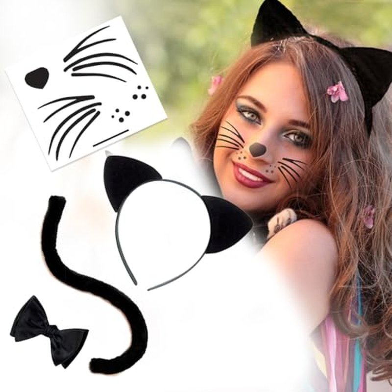 Cat Costume Face - Ears & Tail - Contains Cate Face Temporary Tattoos & Furry Ears, Tail and Black Bowtie - Easier than Make-Up - MADE in USA (Cat Face Ears & Tail)