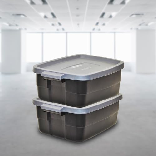 Rubbermaid 10 Gal 6 Pack Totes with Lids - Heavy Duty Stackable Storage Bins, Black/Gray