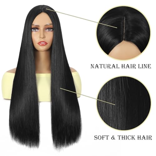 Long Black Straight Wig 26 Inch Synthetic Heat-Resistant Hair for Cosplay & Daily Wear