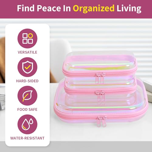 Clear Hard Shell Zipper Case Set - Laser Pink 3 Pcs, Portable Cosmetic & Organizing Bags