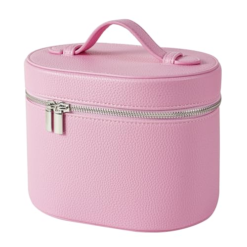 Pink Makeup Bag Vanity Case with Divider & Handle - Waterproof PU Leather Portable Cosmetic Organizer