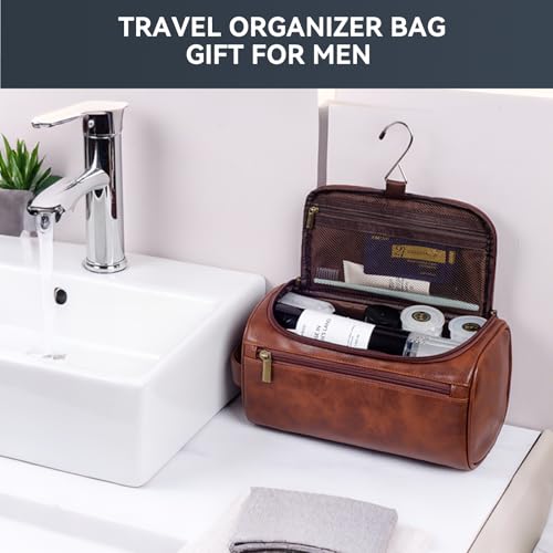 Light Brown Leather Travel Toiletry Bag for Men with Hanging Hook - Small Organizer