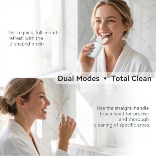 Electric Sonic U-Shaped Toothbrush for Adults with 5 Brush Heads & Storage Cup - White-Cup