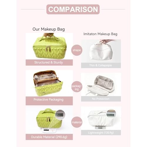 Travel Makeup Bag for Women, Large Capacity Cosmetic Bags for Girls, Compact Pouch Make up Organizer, Waterproof Toiletry Bag with Divider and Handle (Green)