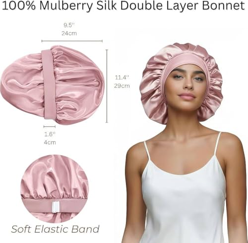 SereLune Purple Double Layer Mulberry Silk Sleep Bonnet for Long Hair, Soft Elastic Band