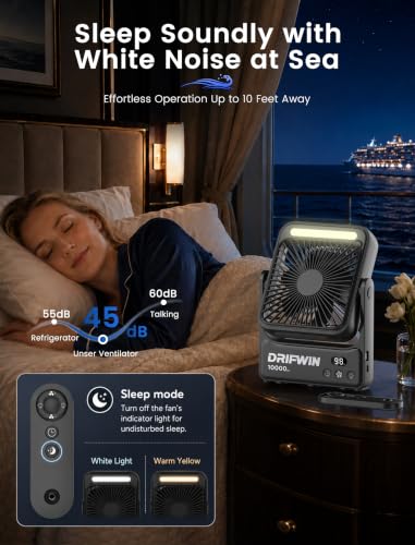 DRIFWIN Cruise Approved Portable Magnetic Fan with Night Light, 10000mAh Travel Fan