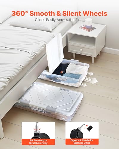 Under Bed Storage Containers with Wheels - 4 Pack, Dustproof Lid & Stackable Design