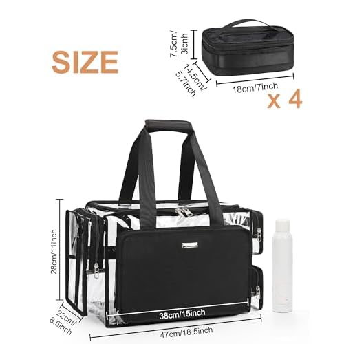 Relavel Clear Makeup Bag with 4 Small Pouches, Extra Large Makeup Artist Kit Set, Cosmetic Storage Organizer Transparent Tote Beach Toiletry Bag with Adjustable Dividers & Shoulder Strap