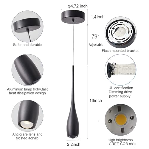 Black Pendant Lights Kitchen Island 2-Pack - Modern Dimmable LED Fixtures