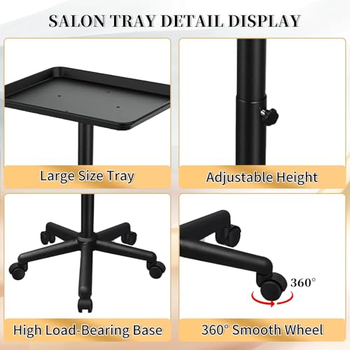 Black Salon & Tattoo Rolling Tray Cart with Height Adjustment - Niuadage