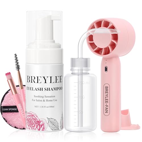 BREYLEE 100 ml Lash Shampoo for Lash Extensions, Lash Fan Dryer+Rinse Bottle+Brushes+Cotton Puff, Eyelash Extension Cleanser, Lash Bath Wash Soap Foam Cleaner for Salon and Home Use