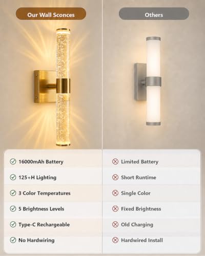 Guwikou Gold 15.7 Inch Battery Operated Wall Sconces Set of Two - Dimmable Wireless Wall Lights