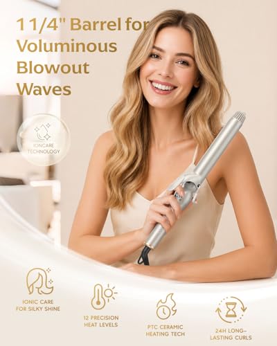 1.25 Inch Ceramic Curling Iron - Loose Wave Curling Wand for Medium & Long Hair - Dual Voltage, Gold, Variation of 1 1/4 Inch
