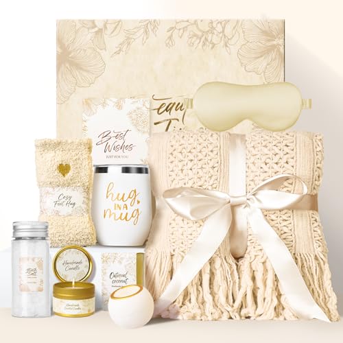 LIMSUKMF Beige Self Care Gift Basket with Knitted Throw - Cozy Home Spa Set