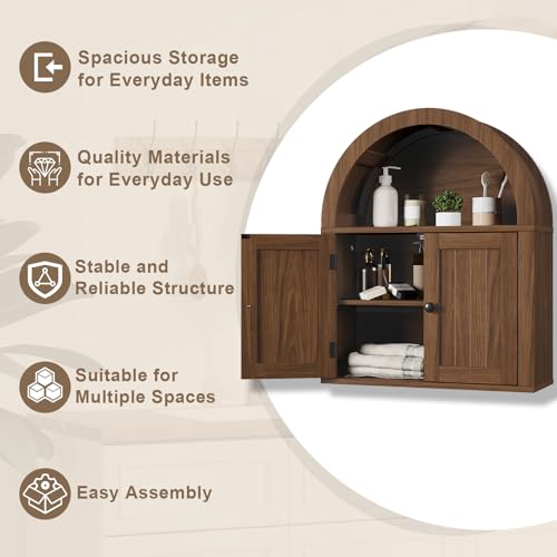 ChooChoo Arched Wall Cabinet - Double Door Medicine Cabinet with Shelf - Walnut Variation