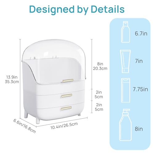 Vtopmart 3-Tier White Makeup & Skincare Organizer with Drawer & Dustproof Lid