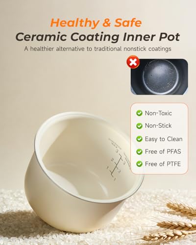 Mini Rice Cooker 3 Cup Uncooked with Ceramic Coated Pot - Ivory