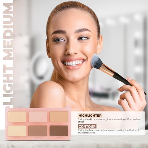 Profusion Cosmetics 6 Shade Highlight & Contour Palette ? Long-Wearing, Buildable Soft Powder for Sculpting & Defining, Blendable Formula for Light to Medium Skin (Light Medium)