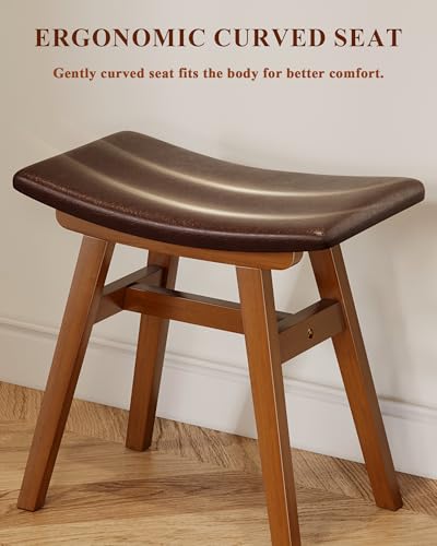 Walnut Vanity Stool with Extra-Long 19.7-Inch Seat - Solid Rubberwood Frame