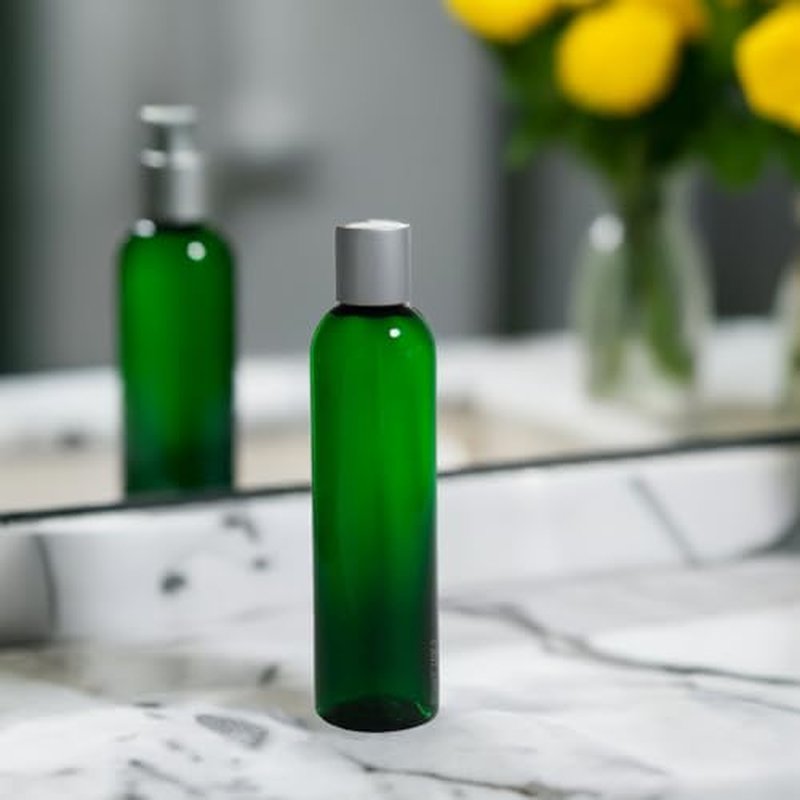 JUVITUS (6 pack) 8 oz Green Plastic PET Slim Bottles with Silver and White Disc Cap