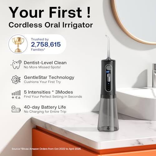 Bitvae 260ml Cordless Water Dental Flosser Black - Oral Irrigator for Teeth, Sensitive & Deep Cleaning