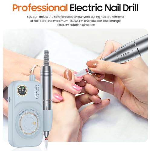 Professional Nail Drill 35000 RPM,SONGMIN Portable Cordless Efile with Bits Kit for Acrylic Nails Gel Polishing Removing,Rechargeable Electric Nail File Machine for Manicure,Pedicure Salon Home,Blue