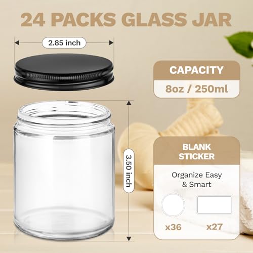 Clear Glass Jars with Metal Lids 8oz - 24 Pack, Candle Making & Storage
