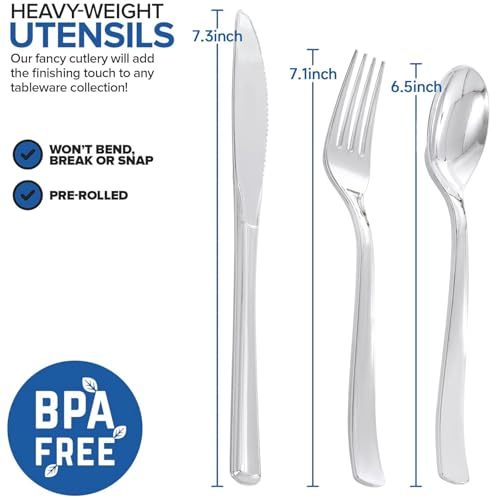 200 Pack Silver Disposable Cutlery Set with Napkins - Heavy Duty, Wedding & Party Utensils - Joyido