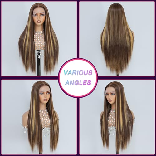Barbique 26 Inch Synthetic Lace Front Wig Long Straight Honey Blonde Highlights - Model 1BT4P27