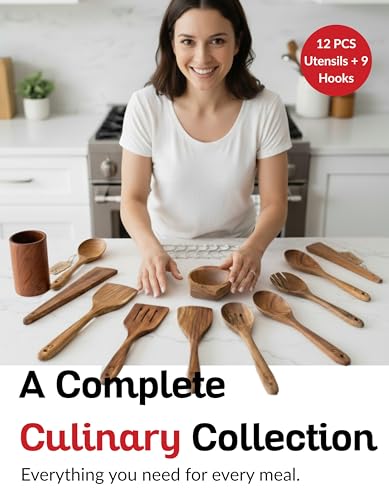 Teak Wood Utensil Set - 12-Piece Natural Wooden Cooking Tools for Nonstick & Durable Kitchen Use