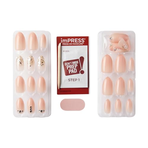 KISS Impress No Glue Press-On Nails Natural Color, Rhinestone Accents, Includes 30 Nails, Prep Pad, 1 Manicure Stick, 1 Mini File - Beloved
