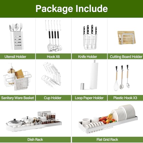 Silver 3-Tier Over The Sink Dish Drying Rack Adjustable 20.9-37.4 Inch