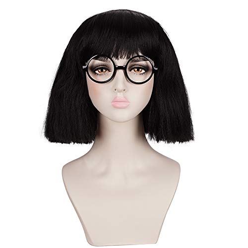 Black Cosplay Wig with Bangs & Glasses Frame for Women - Heat-Resistant Synthetic Hair