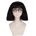 Black Cosplay Wig with Bangs & Glasses Frame for Women - Heat-Resistant Synthetic Hair